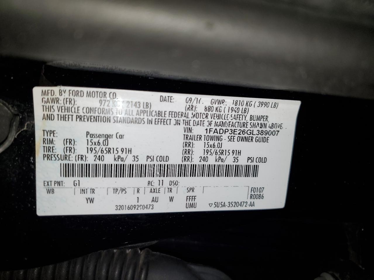 2016 Ford Focus VIN 1FADP3E26GL389007 Copart auction photo, all over damage thumbnail 14