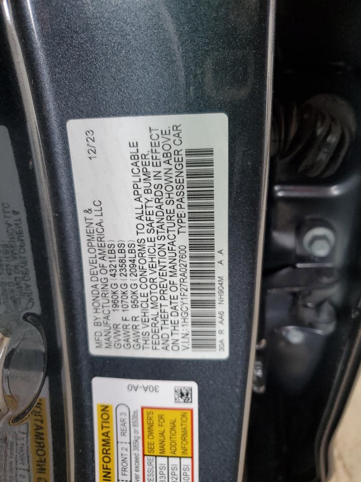 2024 Honda Accord VIN 1HGCY1F27RA027600 Copart auction photo, front end damage thumbnail 12
