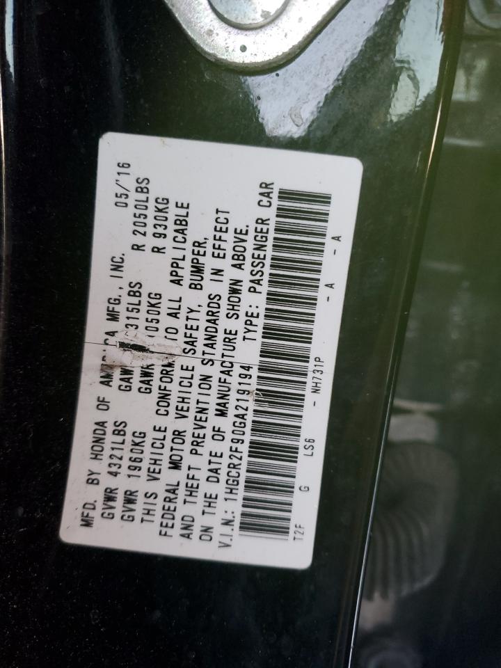 2016 Honda Accord VIN 1HGCR2F90GA219194 Copart auction photo, mechanical / front end damage thumbnail 12