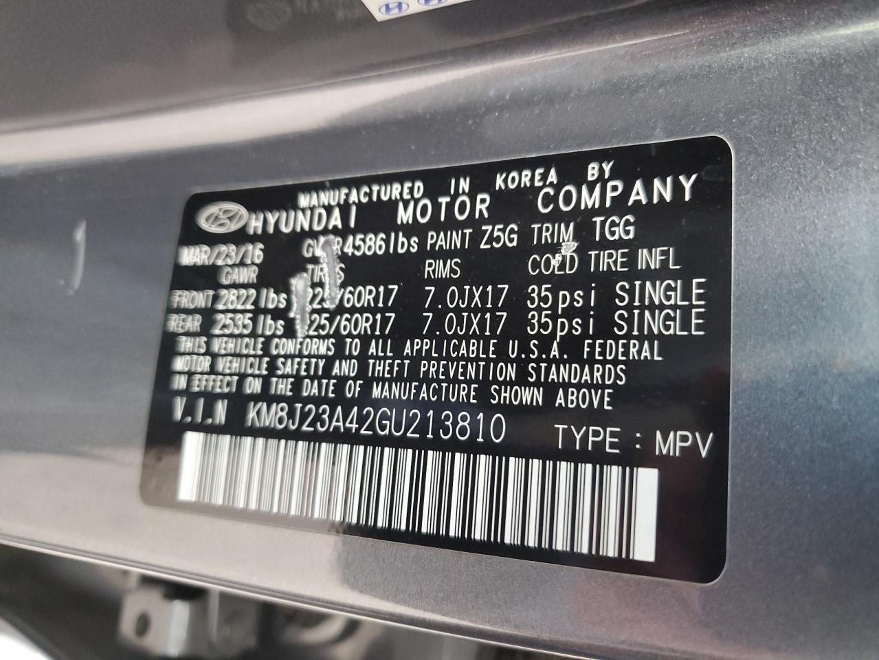 2016 Hyundai Tucson VIN KM8J23A42GU213810 Copart auction photo, side / rear end damage thumbnail 13