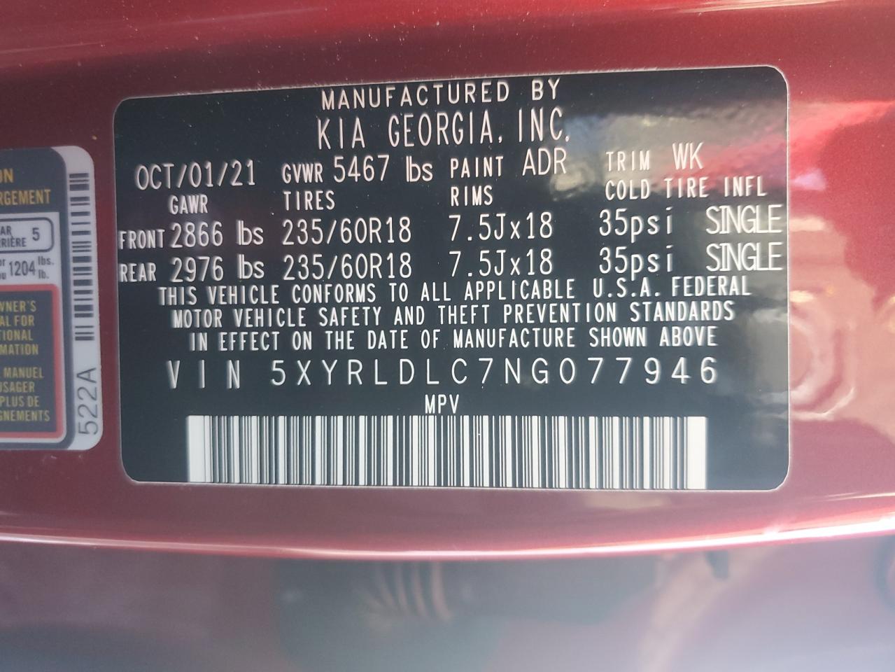 2022 KIA Sorento VIN 5XYRLDLC7NG077946 Copart auction photo, front end / side damage thumbnail 13