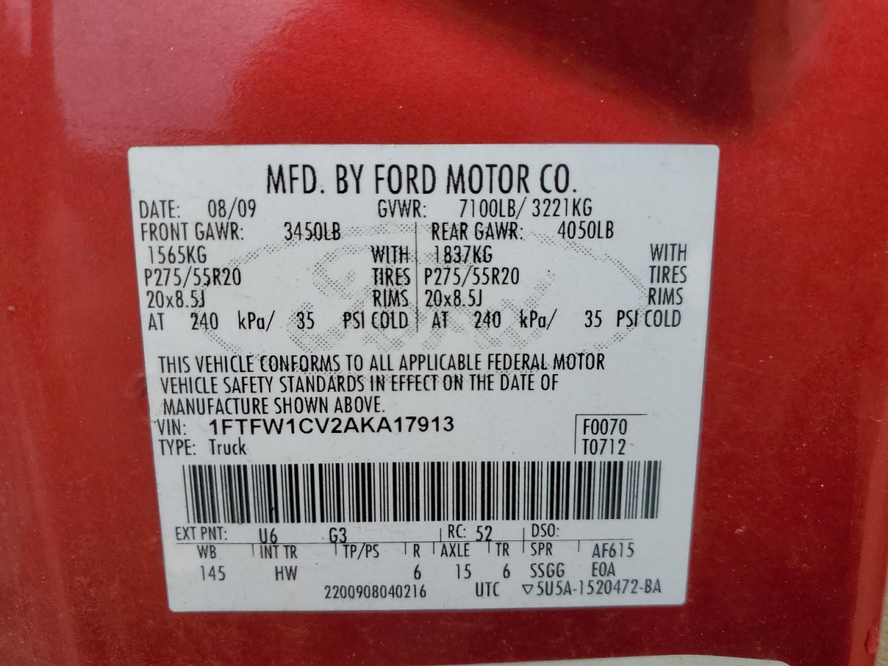 2010 Ford F-150 VIN 1FTFW1CV2AKA17913 Copart auction photo, frame damage / front end damage thumbnail 13