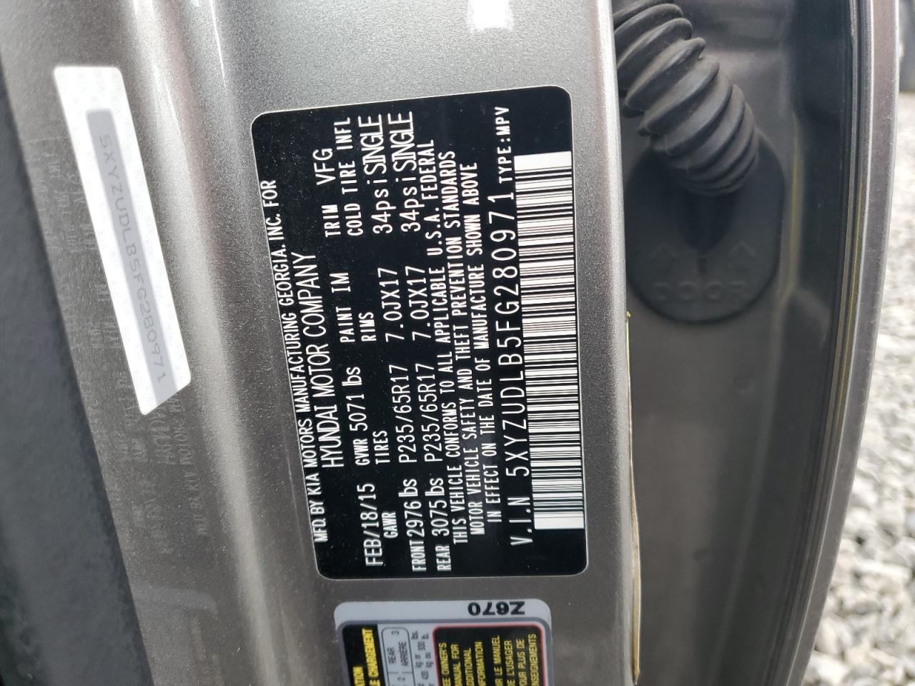 2015 Hyundai Santa Fe VIN 5XYZUDLB5FG280971 Copart auction photo, front end damage thumbnail 12