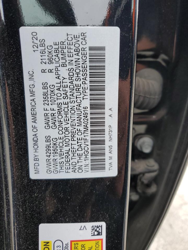 2021 Honda Accord VIN 1HGCV1F17MA024916 Copart auction photo, all over damage thumbnail 14