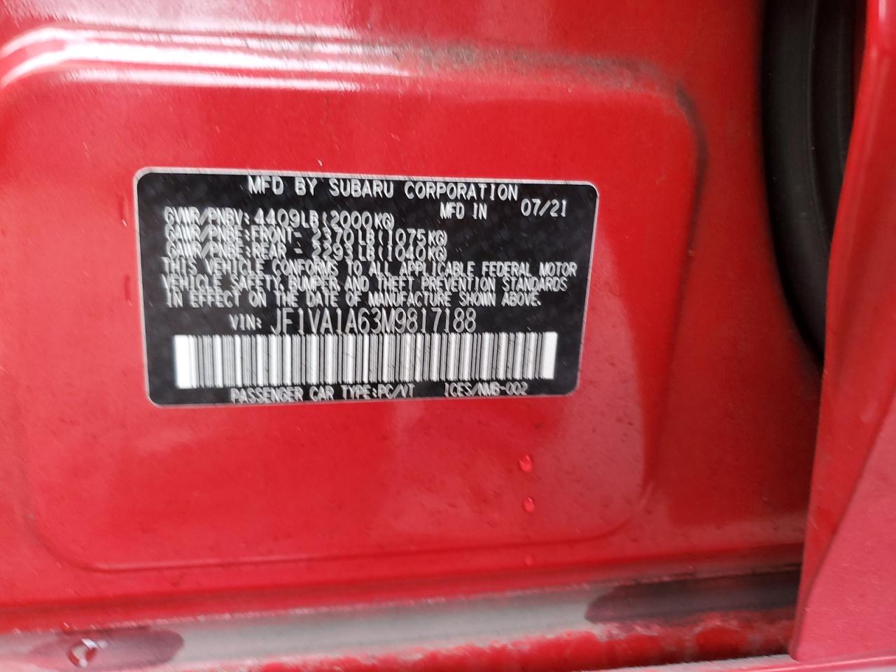 2021 Subaru WRX VIN JF1VA1A63M9817188 Copart auction photo, rear end damage thumbnail 12