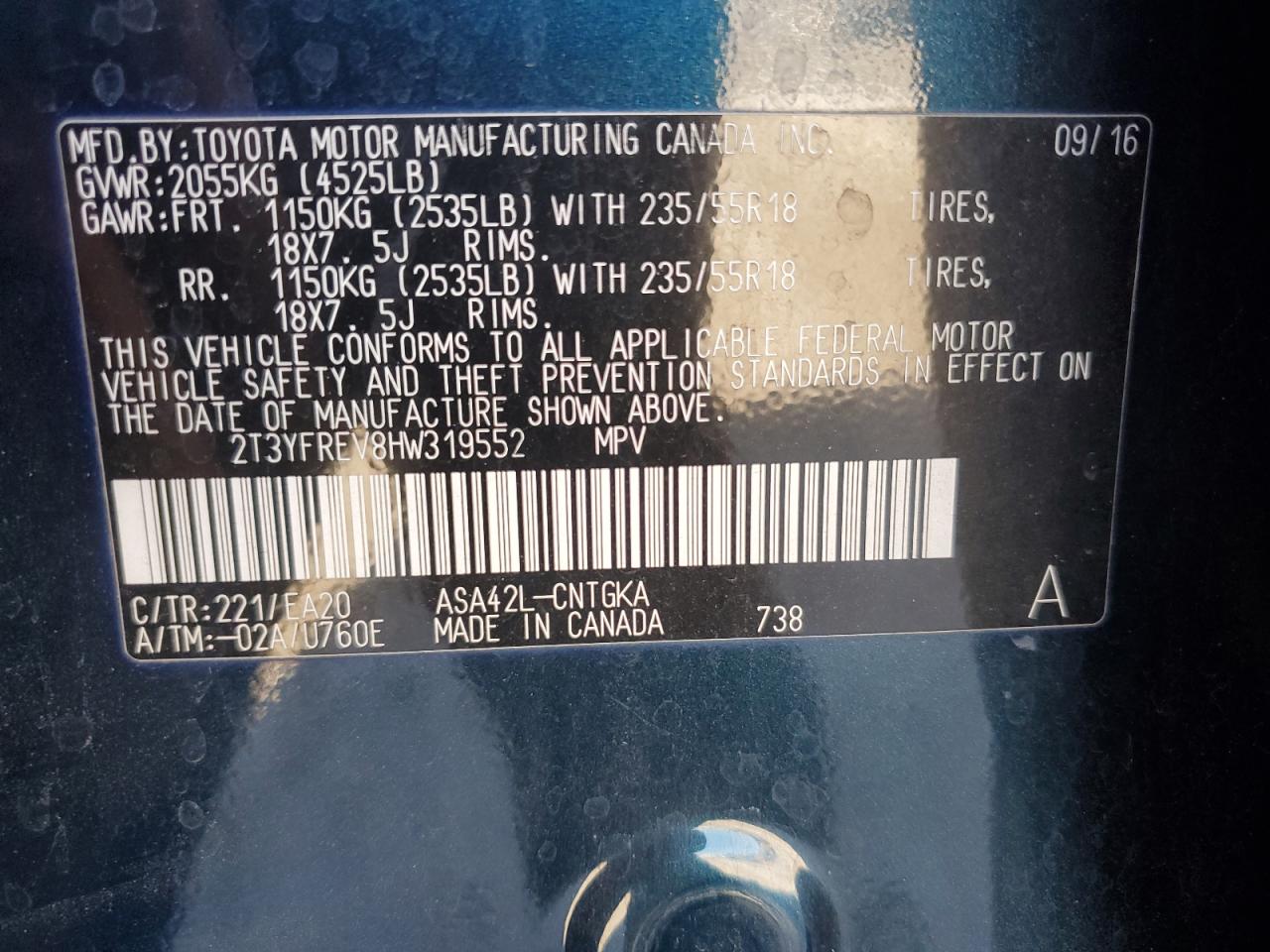 2017 Toyota RAV 4 VIN 2T3YFREV8HW319552 Copart auction photo, rear end damage thumbnail 15