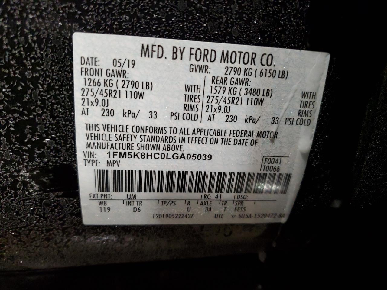 2020 Ford Explorer VIN 1FM5K8HC0LGA05039 Copart auction photo, front end damage thumbnail 14
