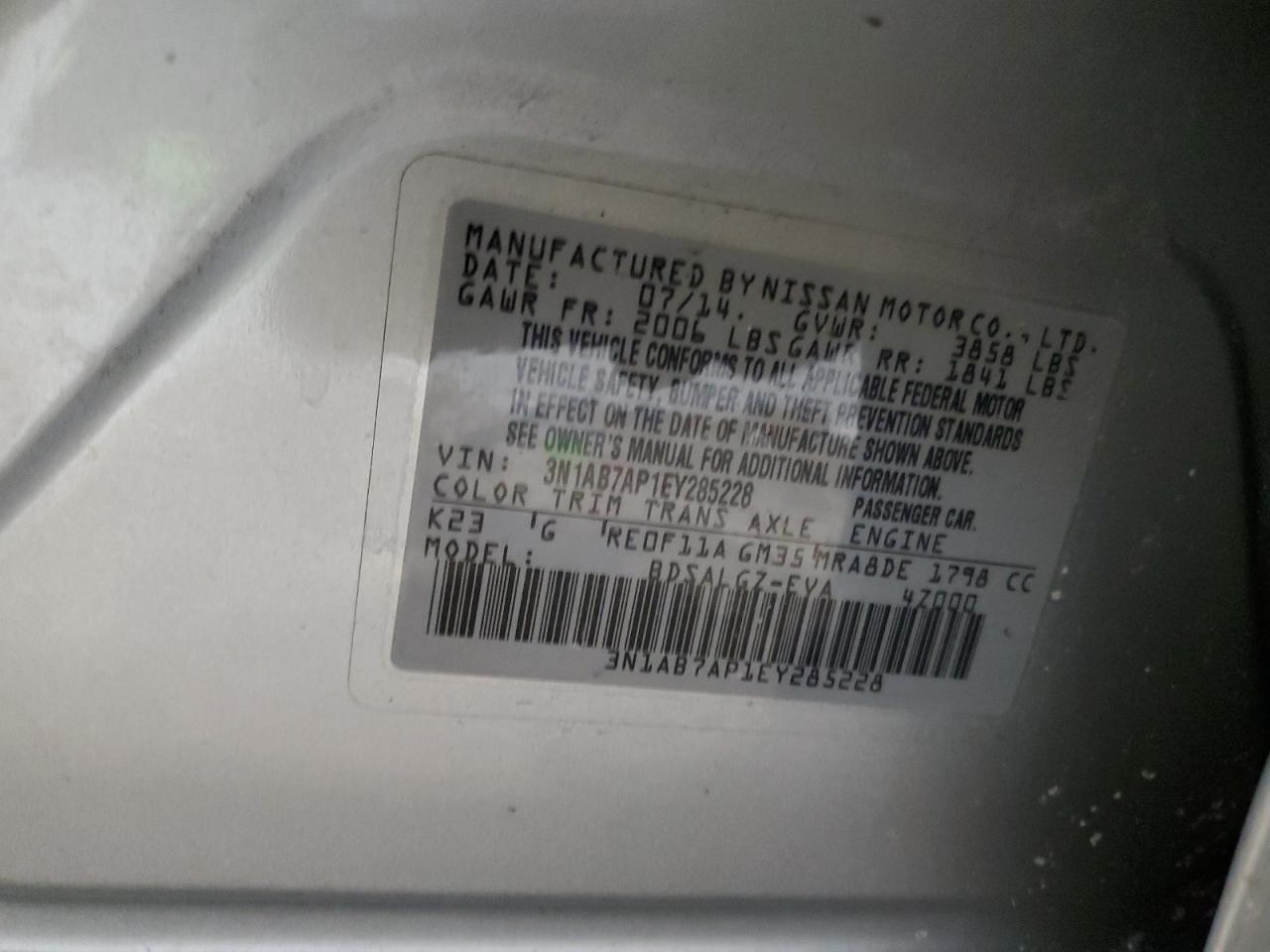 2014 Nissan Sentra VIN 3N1AB7AP1EY285228 Copart auction photo, front end / minor dent/scratches damage thumbnail 13