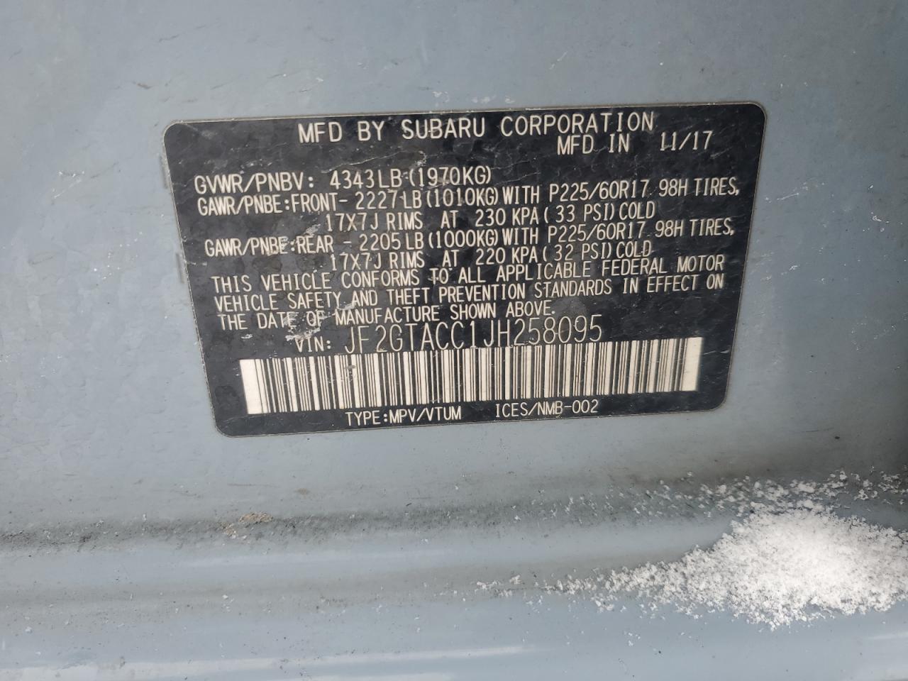 2018 Subaru XV VIN JF2GTACC1JH258095 Copart auction photo, rear end / side damage thumbnail 12