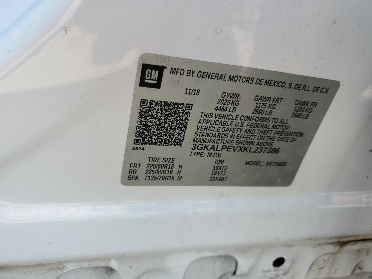 2019 GMC Terrain VIN 3GKALPEVXKL237386 Copart auction photo, front end damage thumbnail 14