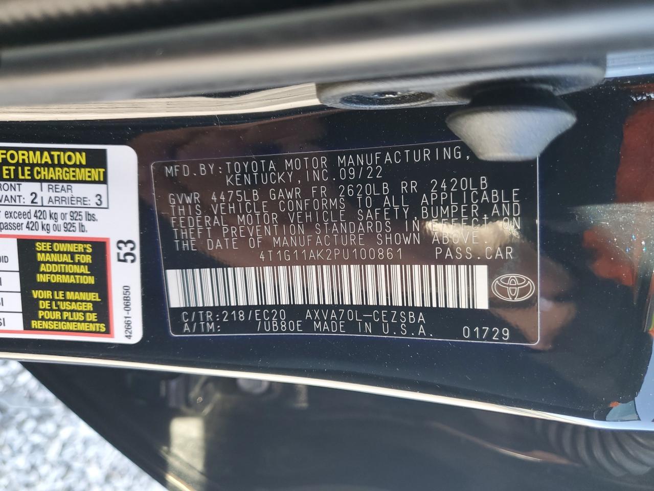 2023 Toyota Camry VIN 4T1G11AK2PU100861 Copart auction photo, undercarriage / side damage thumbnail 15