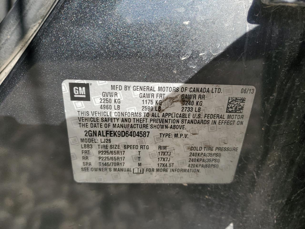 2013 Chevrolet Equinox VIN 2GNALFEK9D6404587 Copart auction photo, front end / side damage thumbnail 15