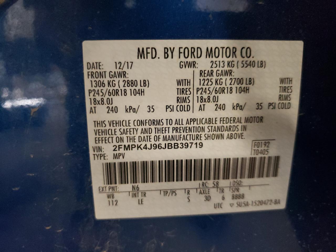 2018 Ford Edge VIN 2FMPK4J96JBB39719 Copart auction photo, front end / side damage thumbnail 13