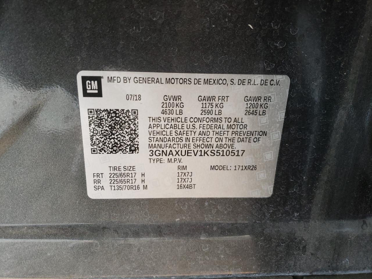 2019 Chevrolet Equinox VIN 3GNAXUEV1KS510517 Copart auction photo, front end / hail damage thumbnail 13