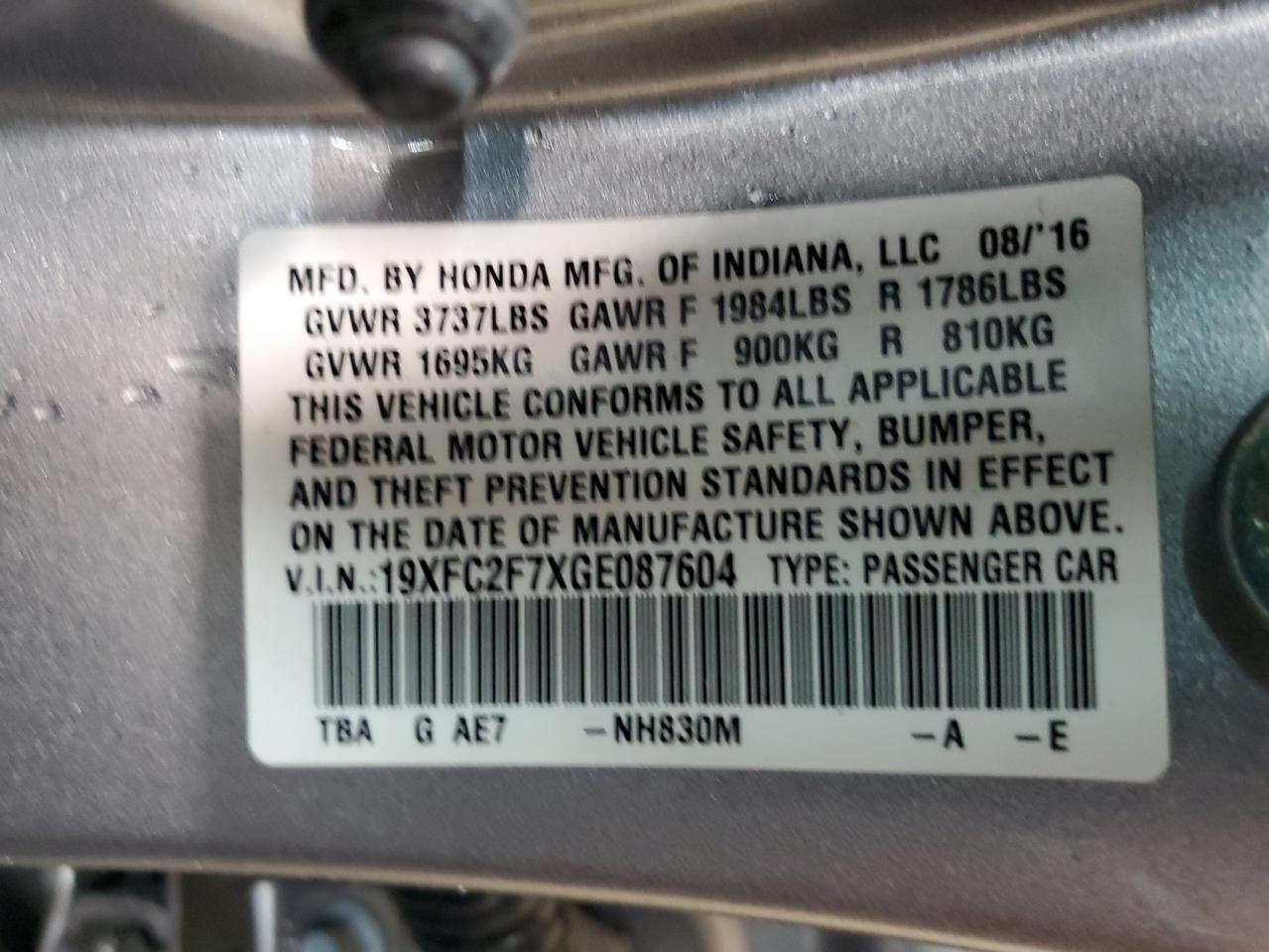 2016 Honda Civic VIN 19XFC2F7XGE087604 Copart auction photo, front end / rear end damage thumbnail 12