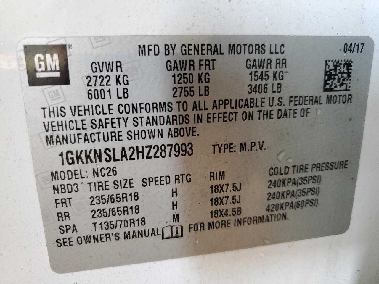 2017 GMC Acadia VIN 1GKKNSLA2HZ287993 Copart auction photo, side damage thumbnail 13