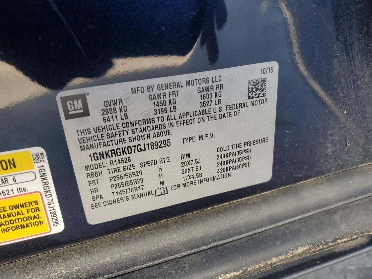 2016 Chevrolet Traverse VIN 1GNKRGKD7GJ189295 Copart auction photo, rear end / side damage thumbnail 13