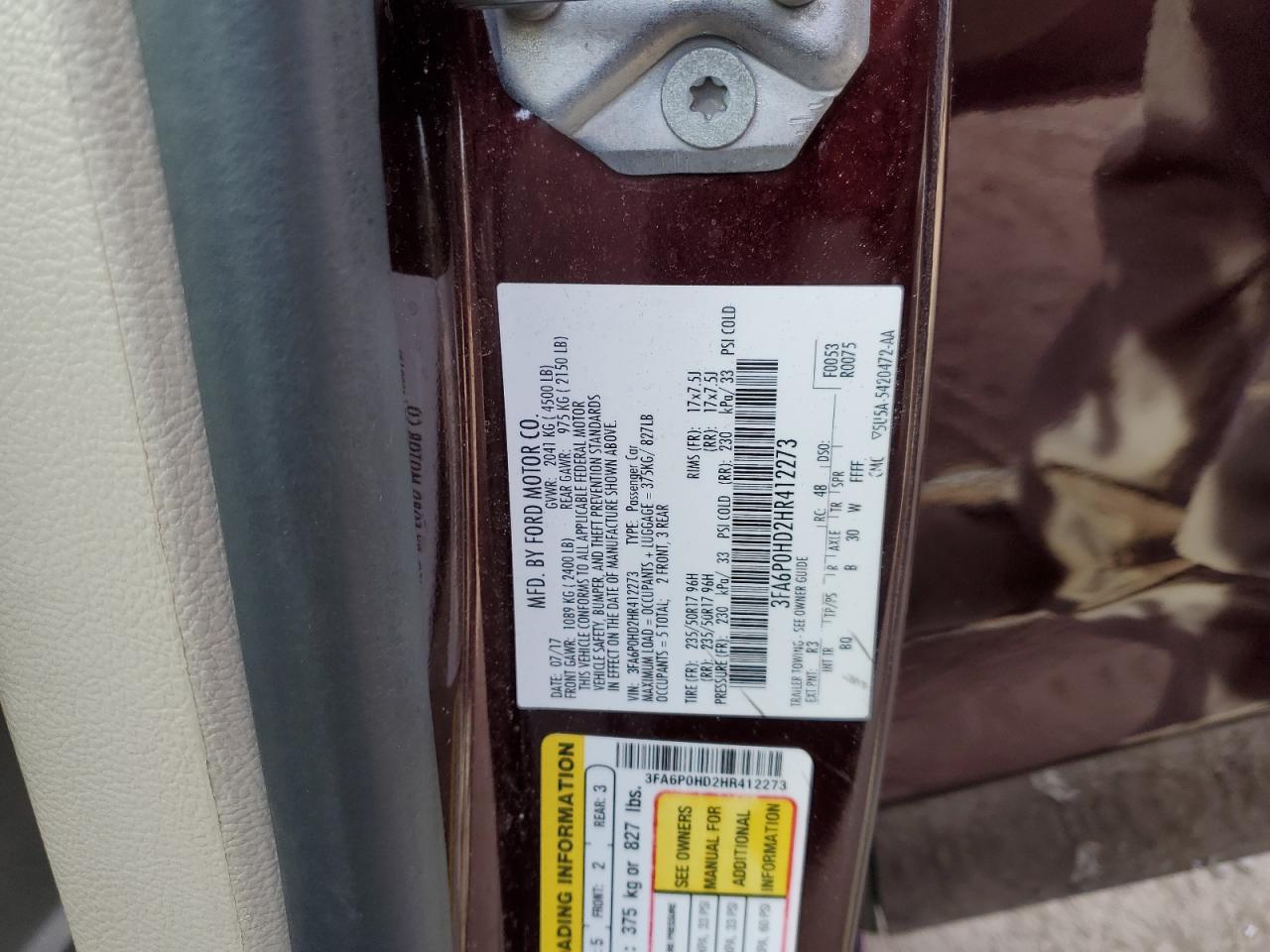 2017 Ford Fusion VIN 3FA6P0HD2HR412273 Copart auction photo, front end damage thumbnail 12
