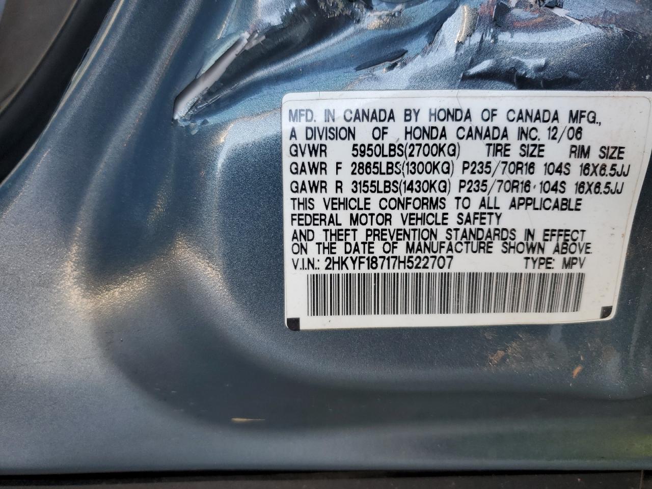 2007 Honda Pilot VIN 2HKYF18717H522707 Copart auction photo, side / front end damage thumbnail 13