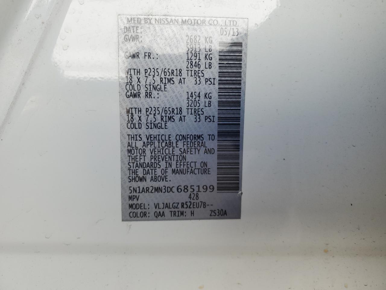 2013 Nissan Pathfinder VIN 5N1AR2MN3DC685199 Copart auction photo, front end / side damage thumbnail 14