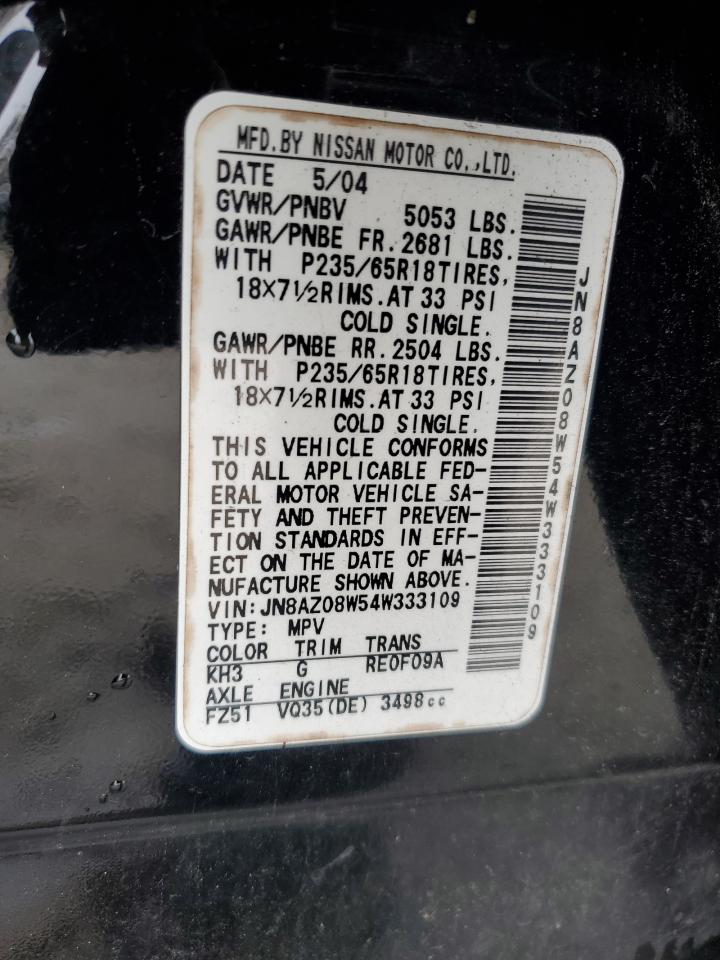 2004 Nissan Murano VIN JN8AZ08W54W333109 Copart auction photo, rear end / side damage thumbnail 13