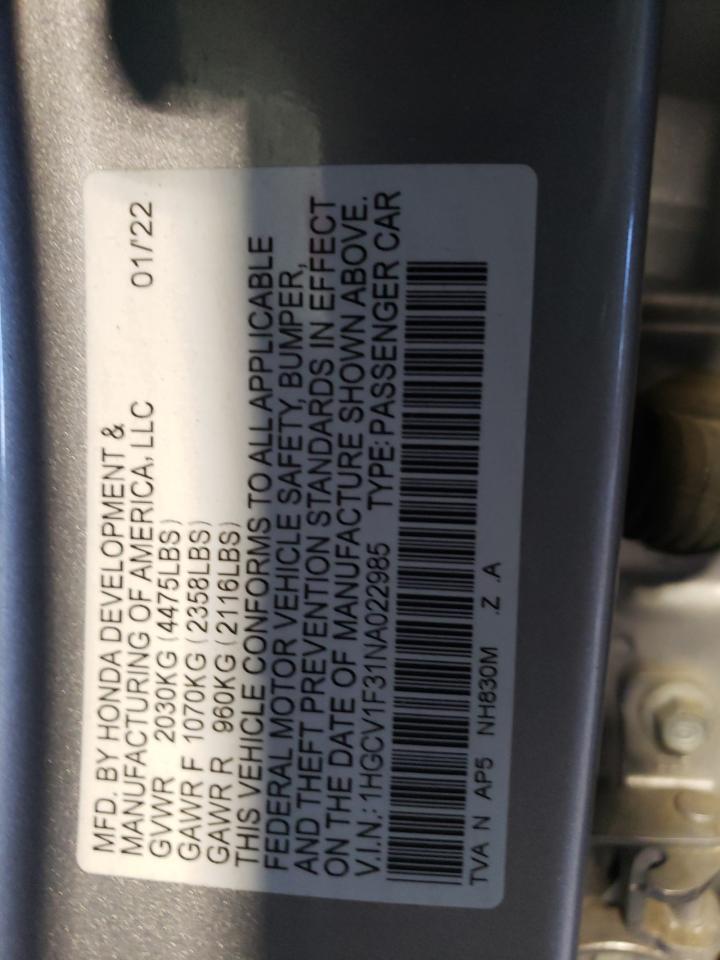 2022 Honda Accord VIN 1HGCV1F31NA022985 Copart auction photo, side damage thumbnail 12