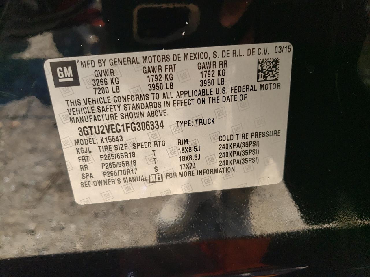 2015 GMC Sierra VIN 3GTU2VEC1FG306334 Copart auction photo, front end damage thumbnail 13