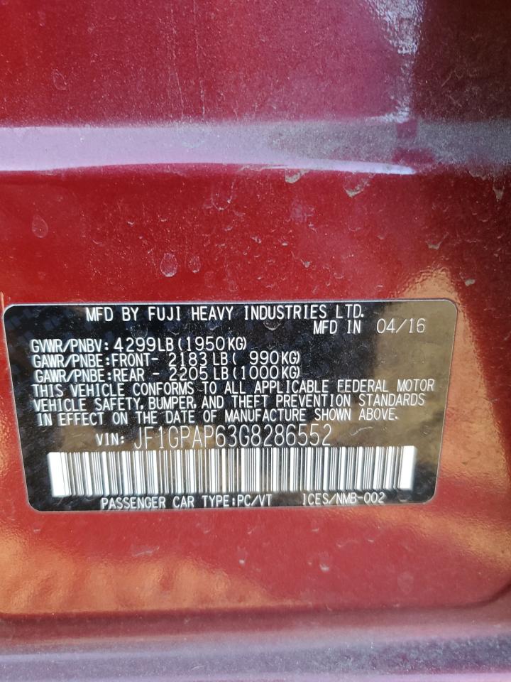 2016 Subaru Impreza VIN JF1GPAP63G8286552 Copart auction photo, front end / rear end damage thumbnail 12