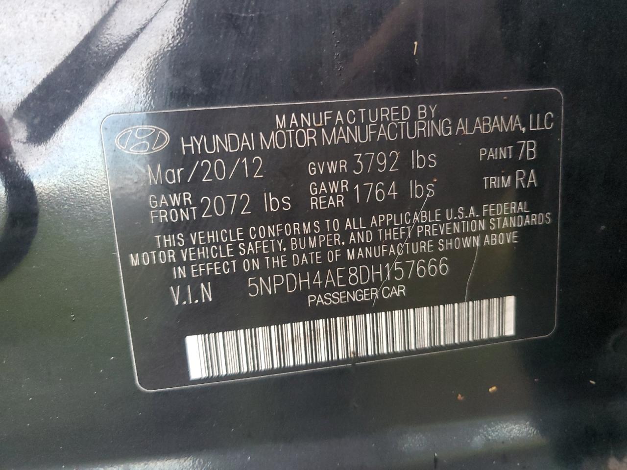 2013 Hyundai Elantra VIN 5NPDH4AE8DH157666 Copart auction photo, water/flood / front end damage thumbnail 13