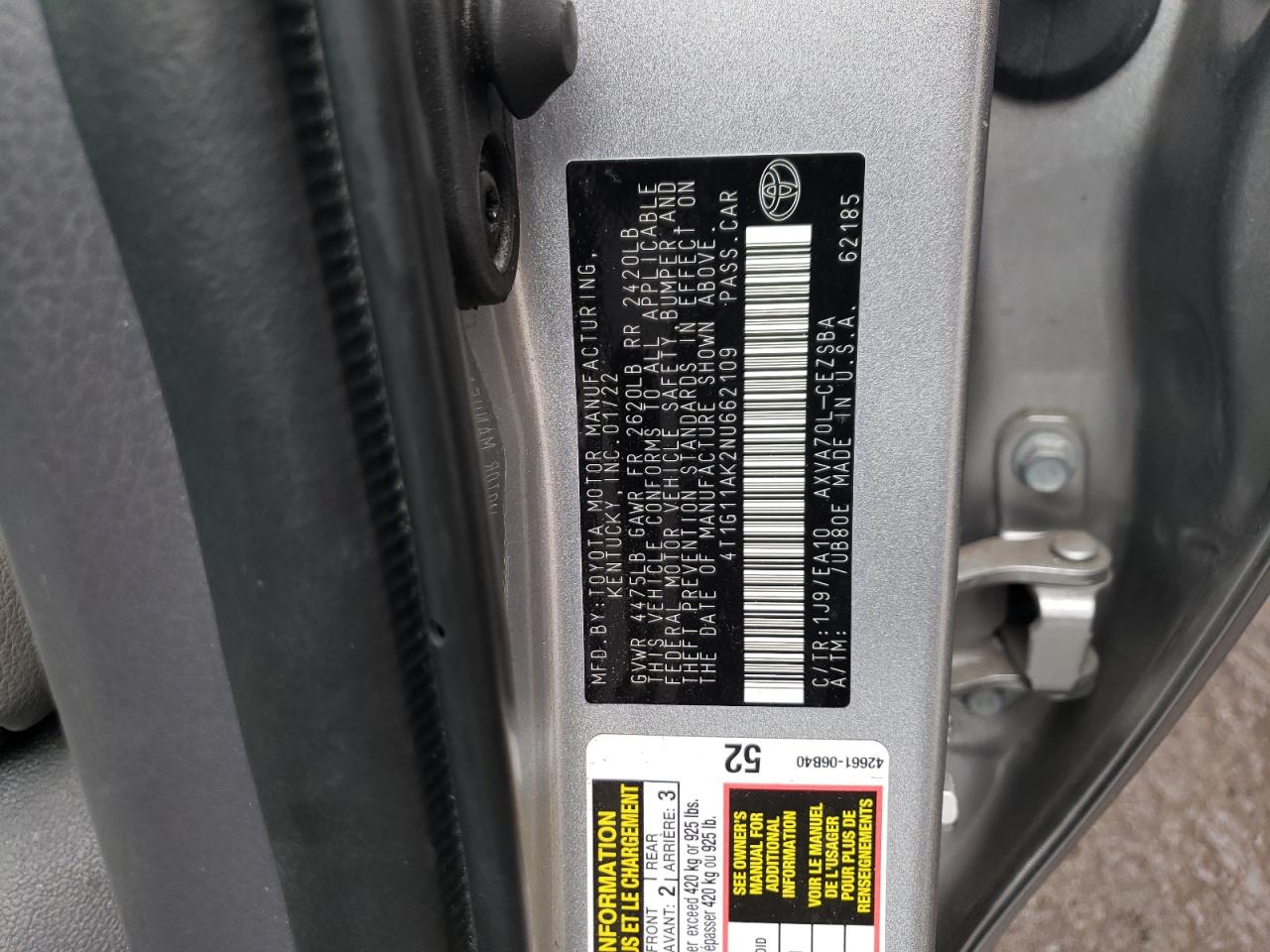 2022 Toyota Camry VIN 4T1G11AK2NU662109 Copart auction photo, front end / rear end damage thumbnail 13