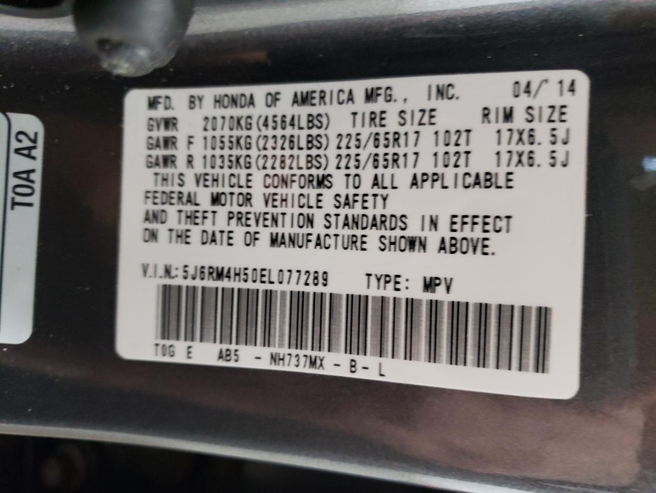 2014 Honda CR-V VIN 5J6RM4H50EL077289 Copart auction photo, front end damage thumbnail 13