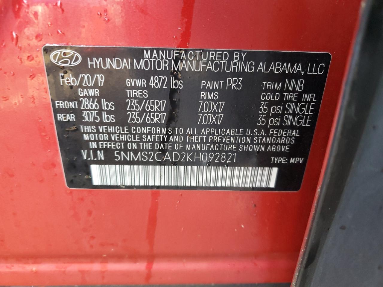 2019 Hyundai Santa Fe VIN 5NMS2CAD2KH092821 Copart auction photo, rear end / front end damage thumbnail 13