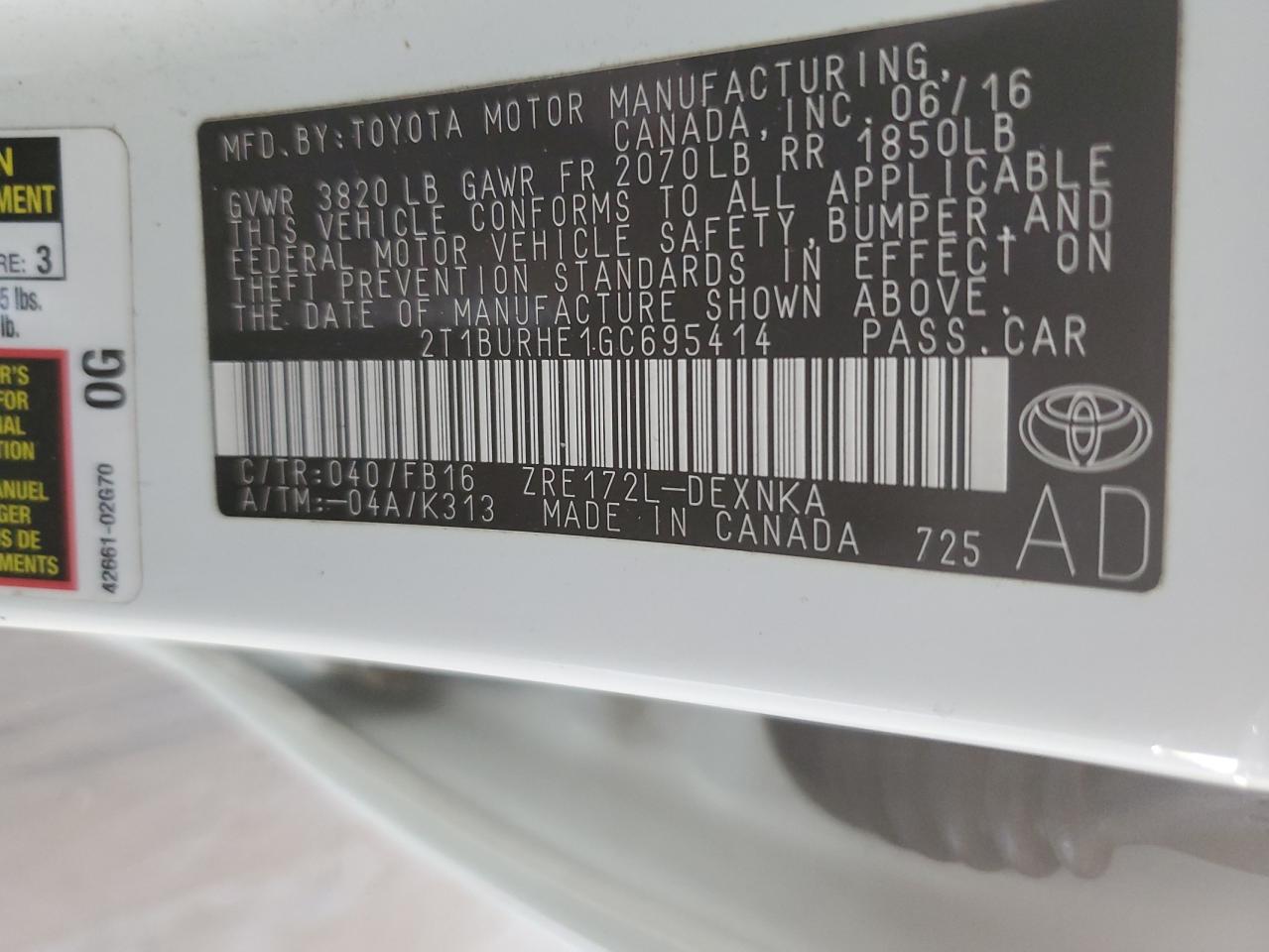 2016 Toyota Corolla VIN 2T1BURHE1GC695414 Copart auction photo, rear end damage thumbnail 12