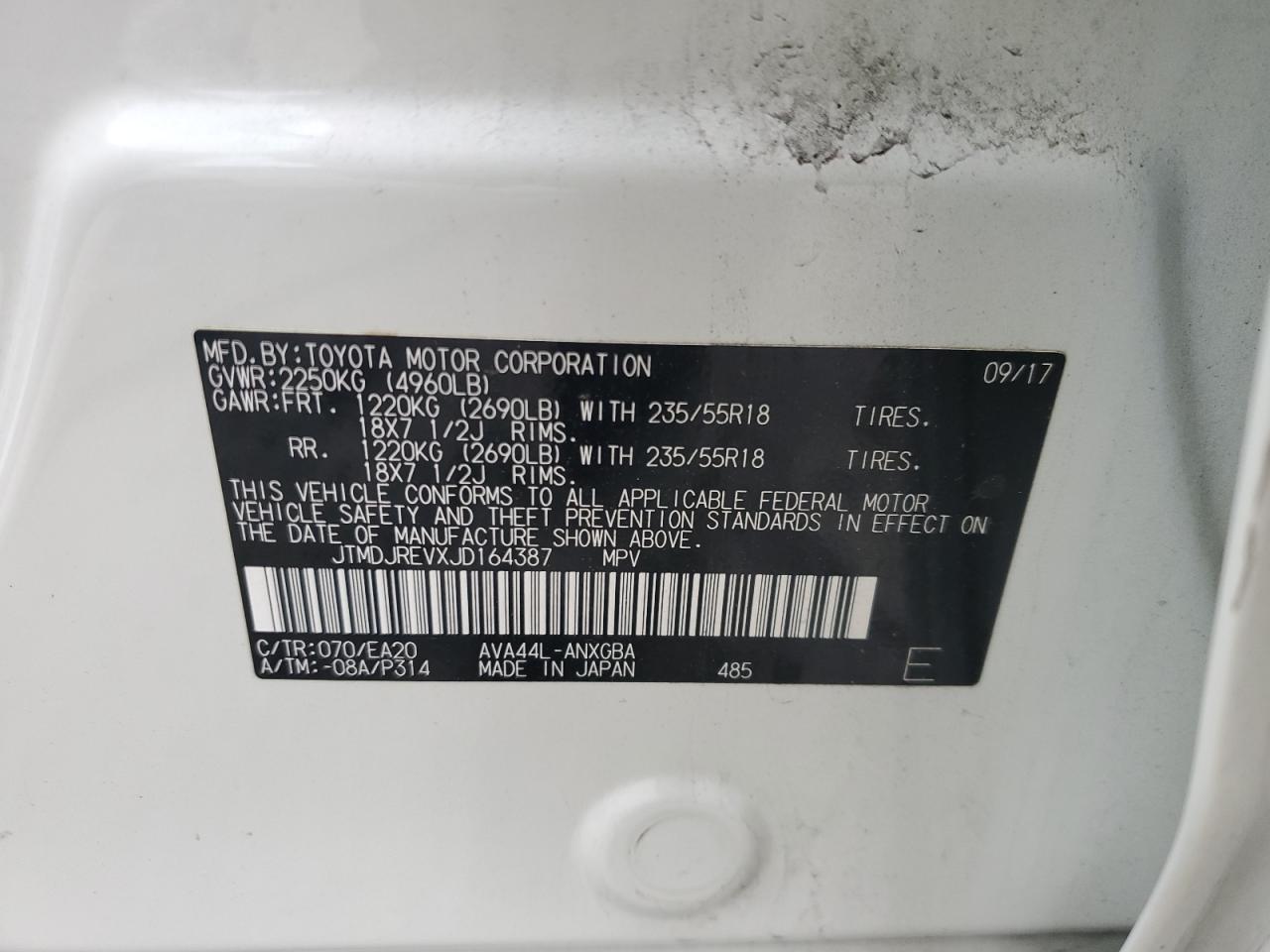2018 Toyota RAV 4 VIN JTMDJREVXJD164387 Copart auction photo, front end damage thumbnail 13