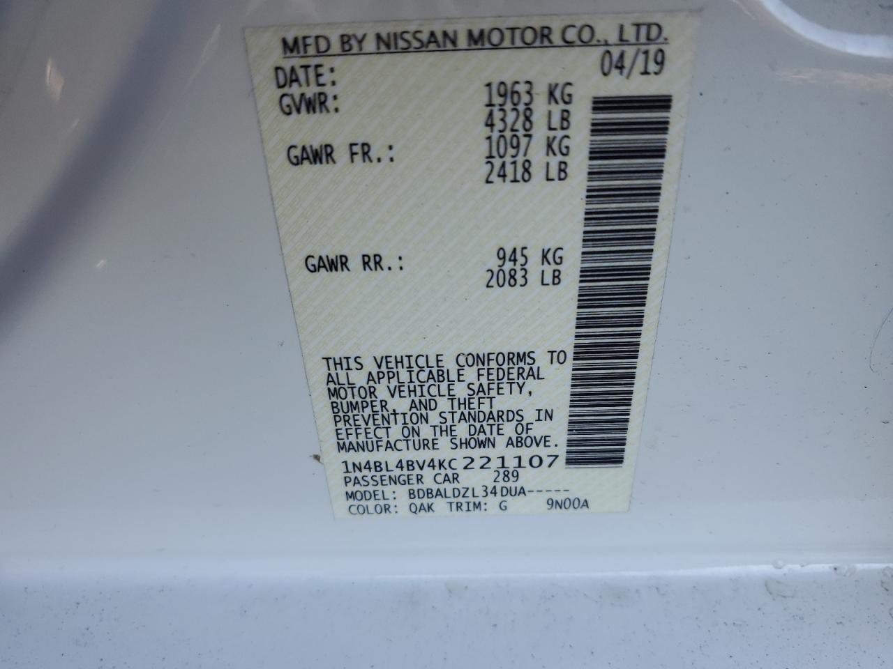 2019 Nissan Altima VIN 1N4BL4BV4KC221107 Copart auction photo, front end / rear end damage thumbnail 14