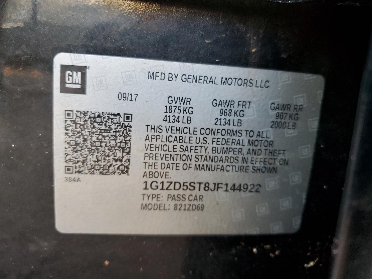 2018 Chevrolet Malibu VIN 1G1ZD5ST8JF144922 Copart auction photo, front end / water/flood damage thumbnail 14
