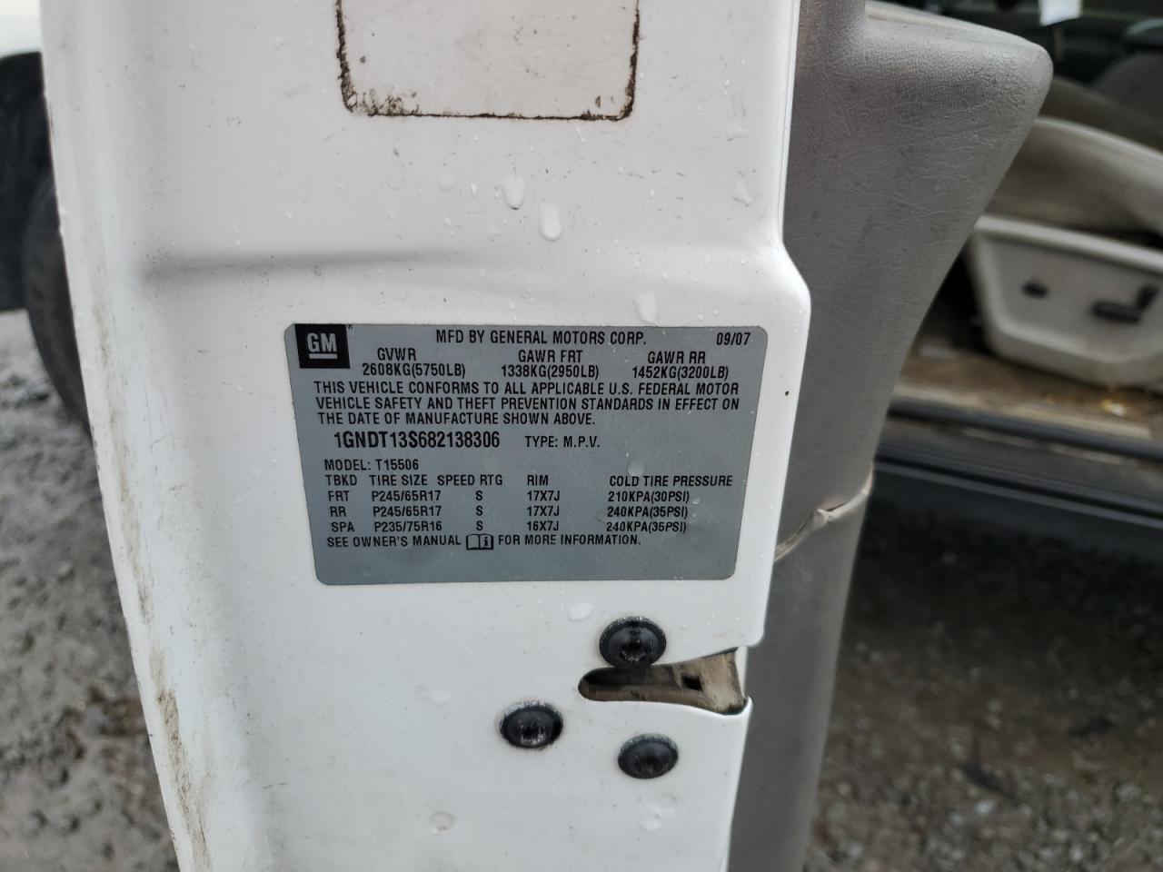 2008 Chevrolet TrailBlazer VIN 1GNDT13S682138306 Copart auction photo, burn / all over damage thumbnail 13