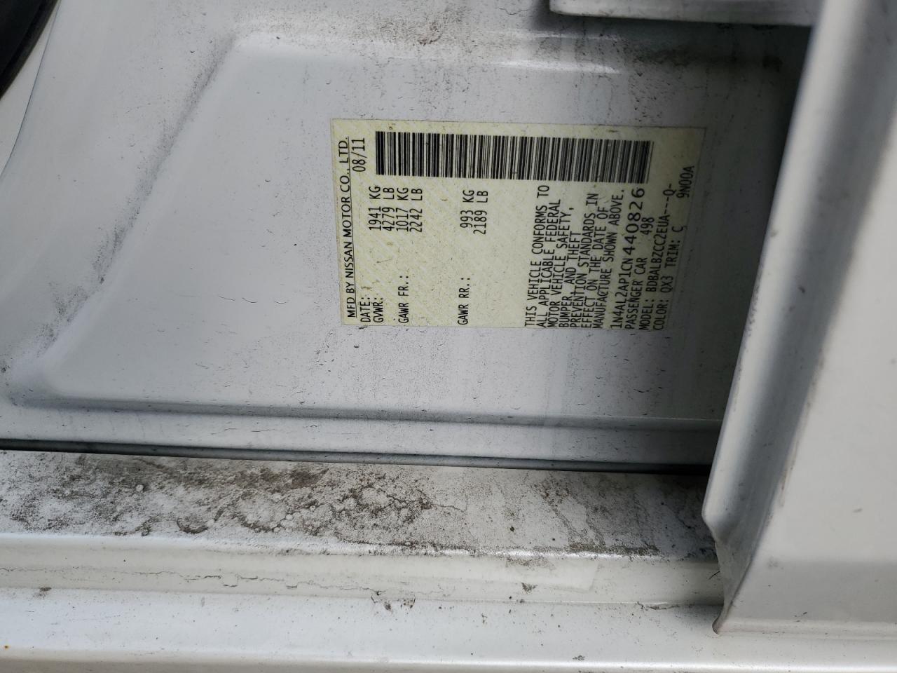 2012 Nissan Altima VIN 1N4AL2AP1CN440826 Copart auction photo, side / front end damage thumbnail 12