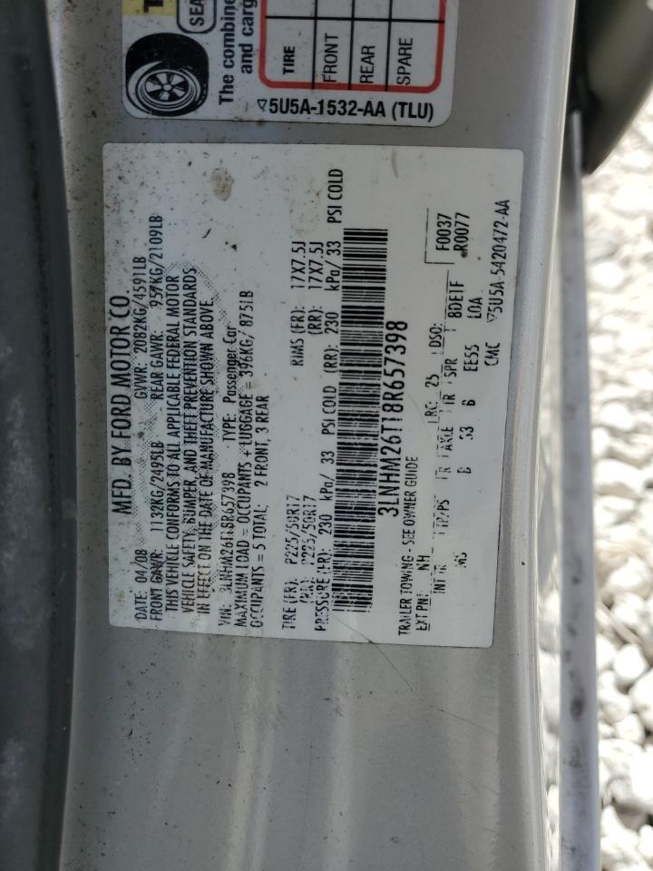 2008 Lincoln MKZ VIN 3LNHM26T18R657398 Copart auction photo, side / front end damage thumbnail 12