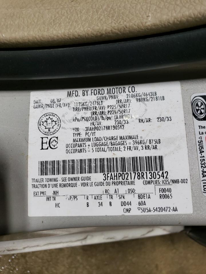 2008 Ford Fusion VIN 3FAHP02178R130542 Copart auction photo, front end / rear end damage thumbnail 12