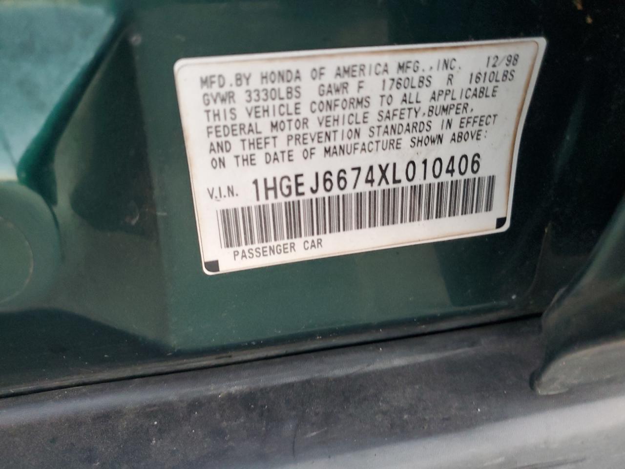 1999 Honda Civic VIN 1HGEJ6674XL010406 Copart auction photo, side damage thumbnail 12