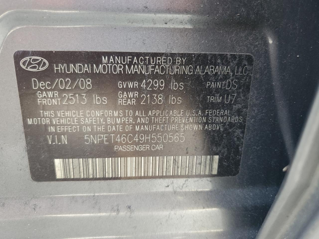 2009 Hyundai Sonata VIN 5NPET46C49H550565 Copart auction photo, side / minor dent/scratches damage thumbnail 12
