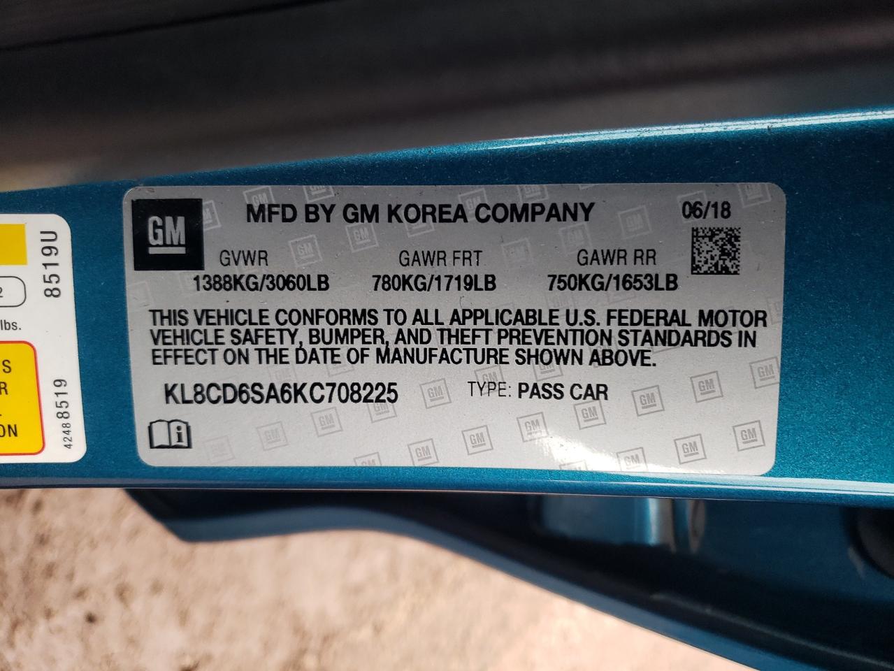 2019 Chevrolet Spark VIN KL8CD6SA6KC708225 Copart auction photo, front end damage thumbnail 13
