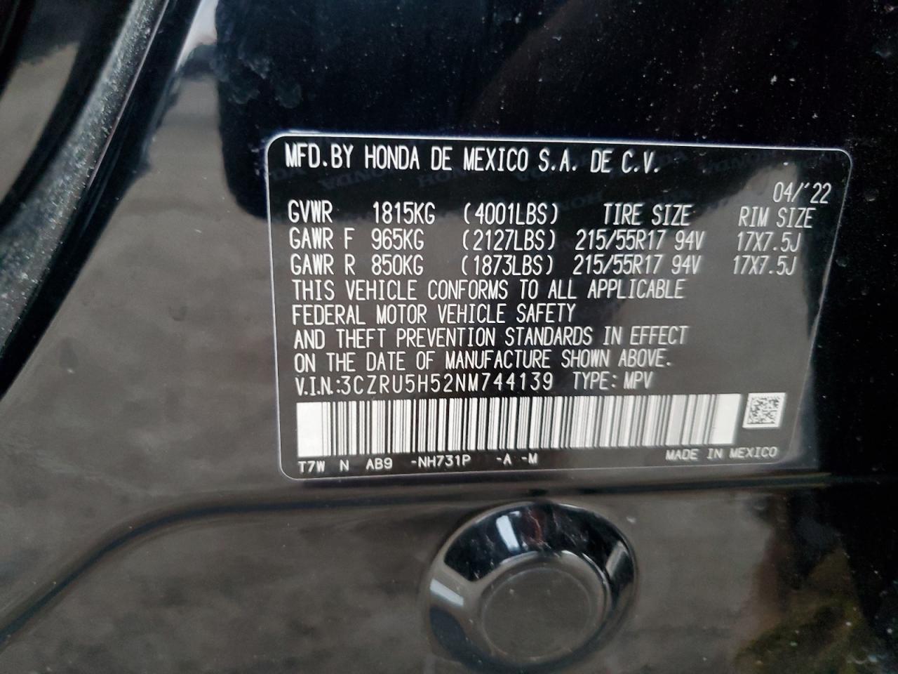 2022 Honda HR-V VIN 3CZRU5H52NM744139 Copart auction photo, side damage thumbnail 16