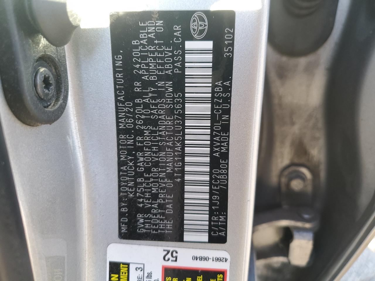 2020 Toyota Camry VIN 4T1G11AK5LU375635 Copart auction photo, front end / all over damage thumbnail 13