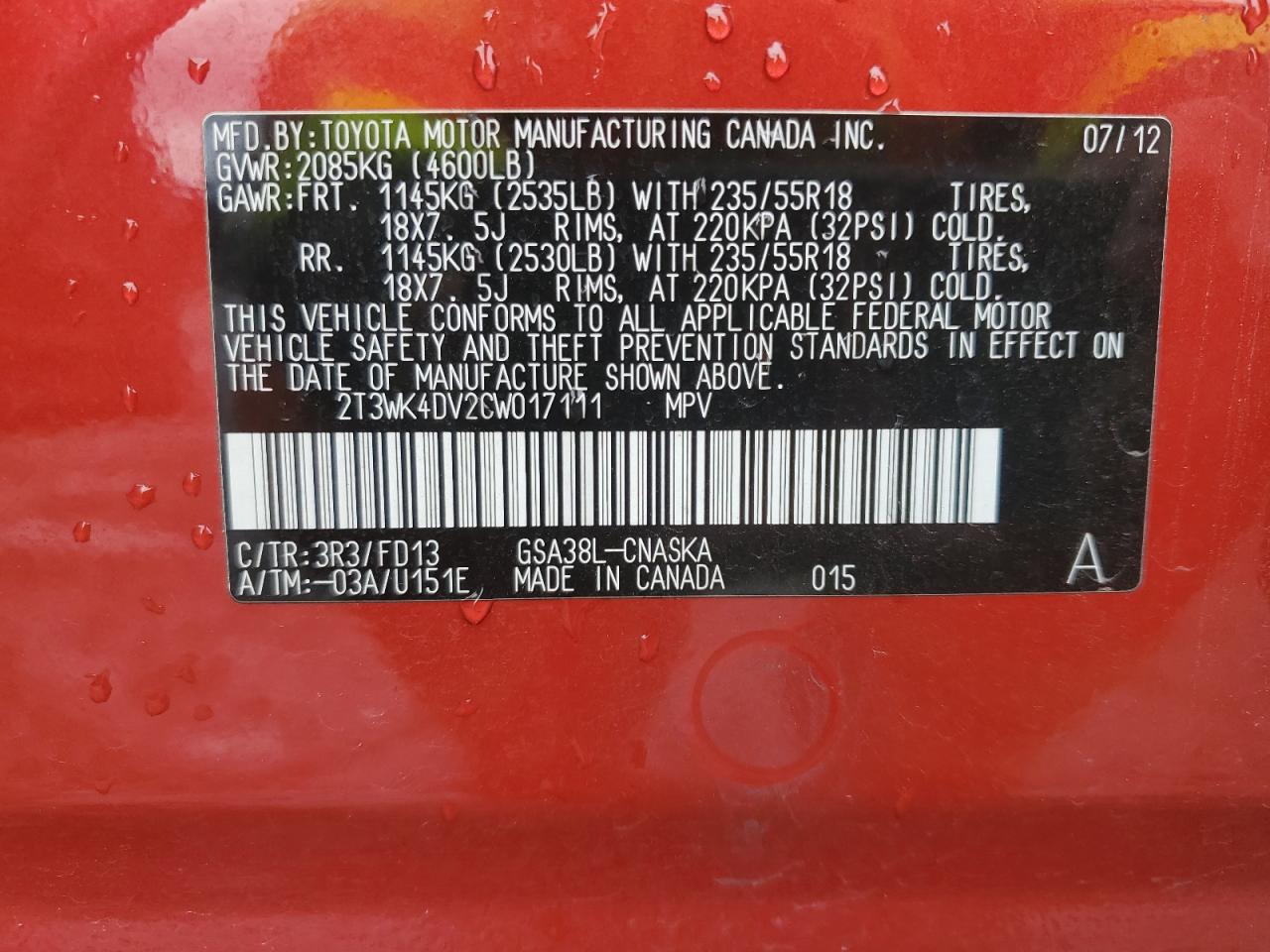 2012 Toyota RAV 4 VIN 2T3WK4DV2CW017111 Copart auction photo, front end damage thumbnail 12