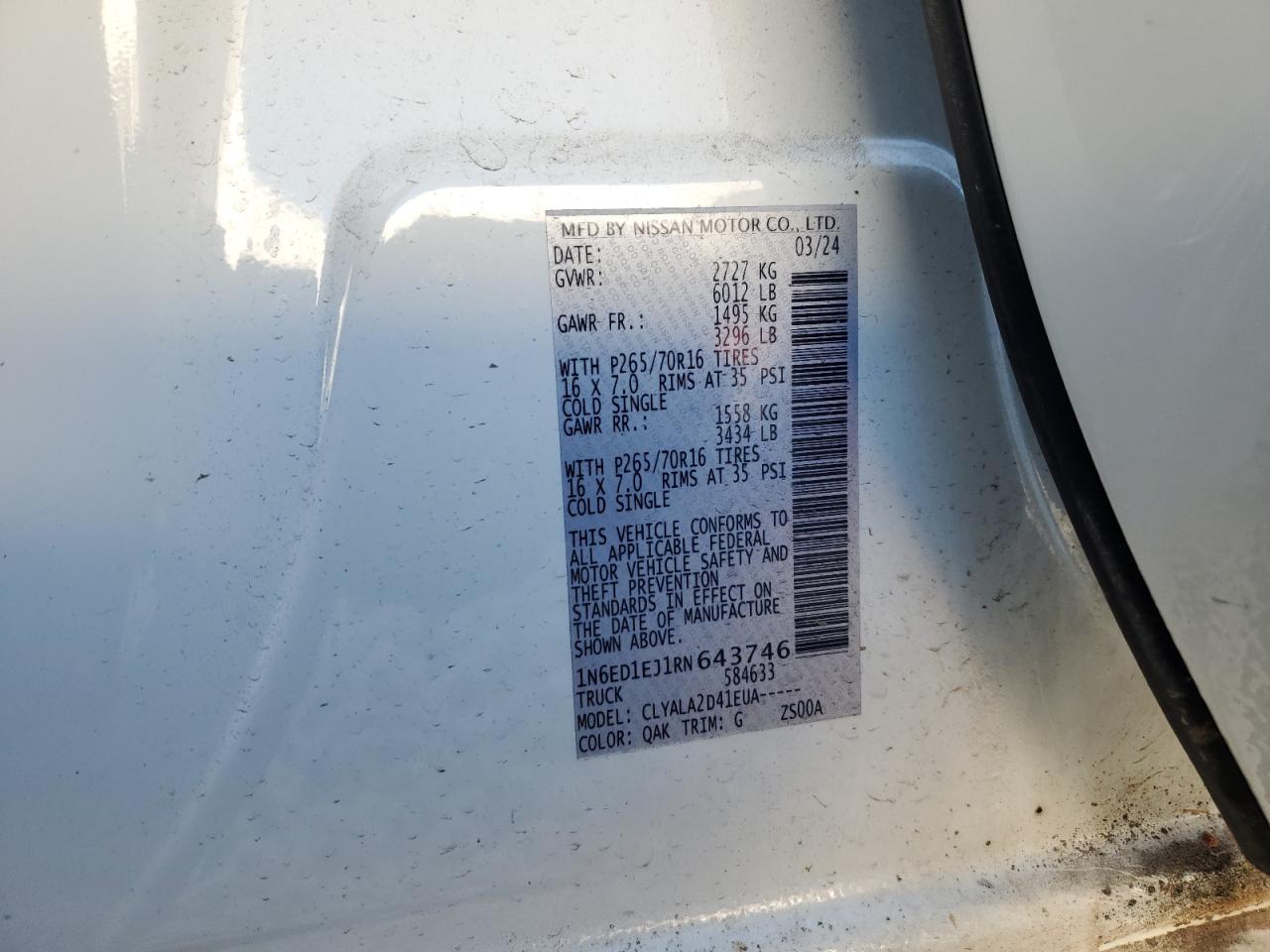 2024 Nissan Navara (Frontier) VIN 1N6ED1EJ1RN643746 Copart auction photo, front end damage thumbnail 13