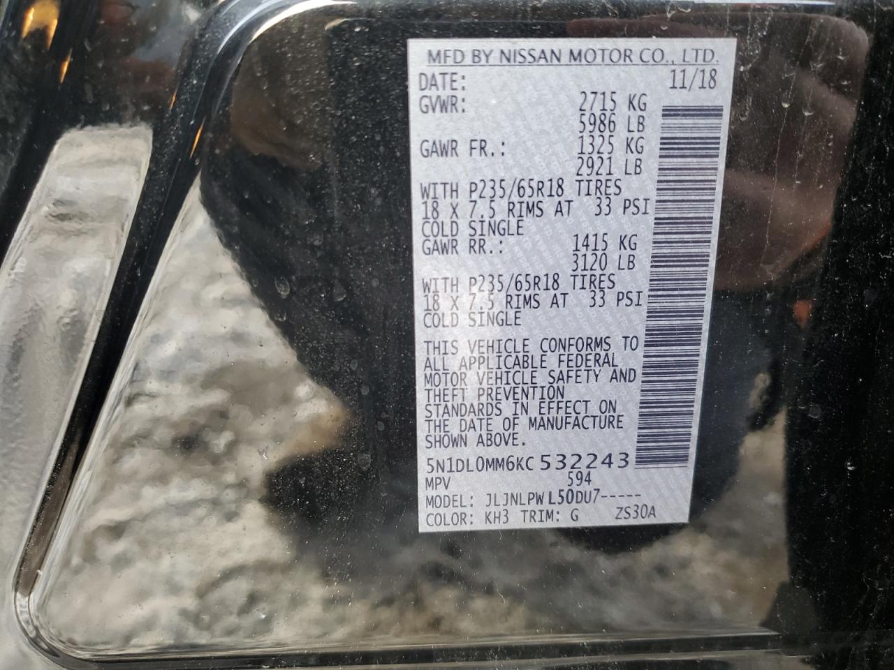 2019 Infiniti QX60 VIN 5N1DL0MM6KC532243 Copart auction photo, front end / rear end damage thumbnail 13