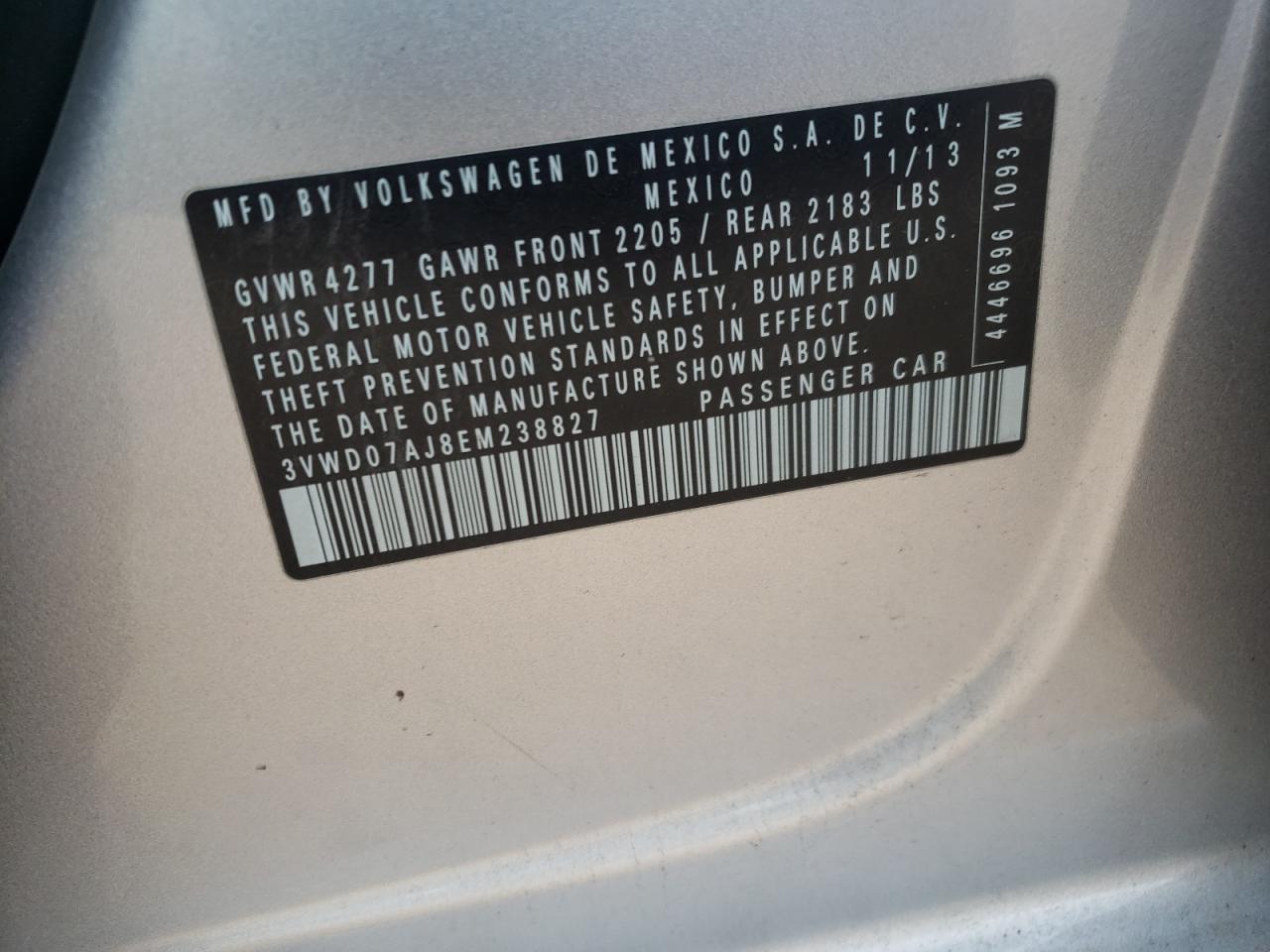 2014 Volkswagen Jetta VIN 3VWD07AJ8EM238827 Copart auction photo, front end damage thumbnail 14