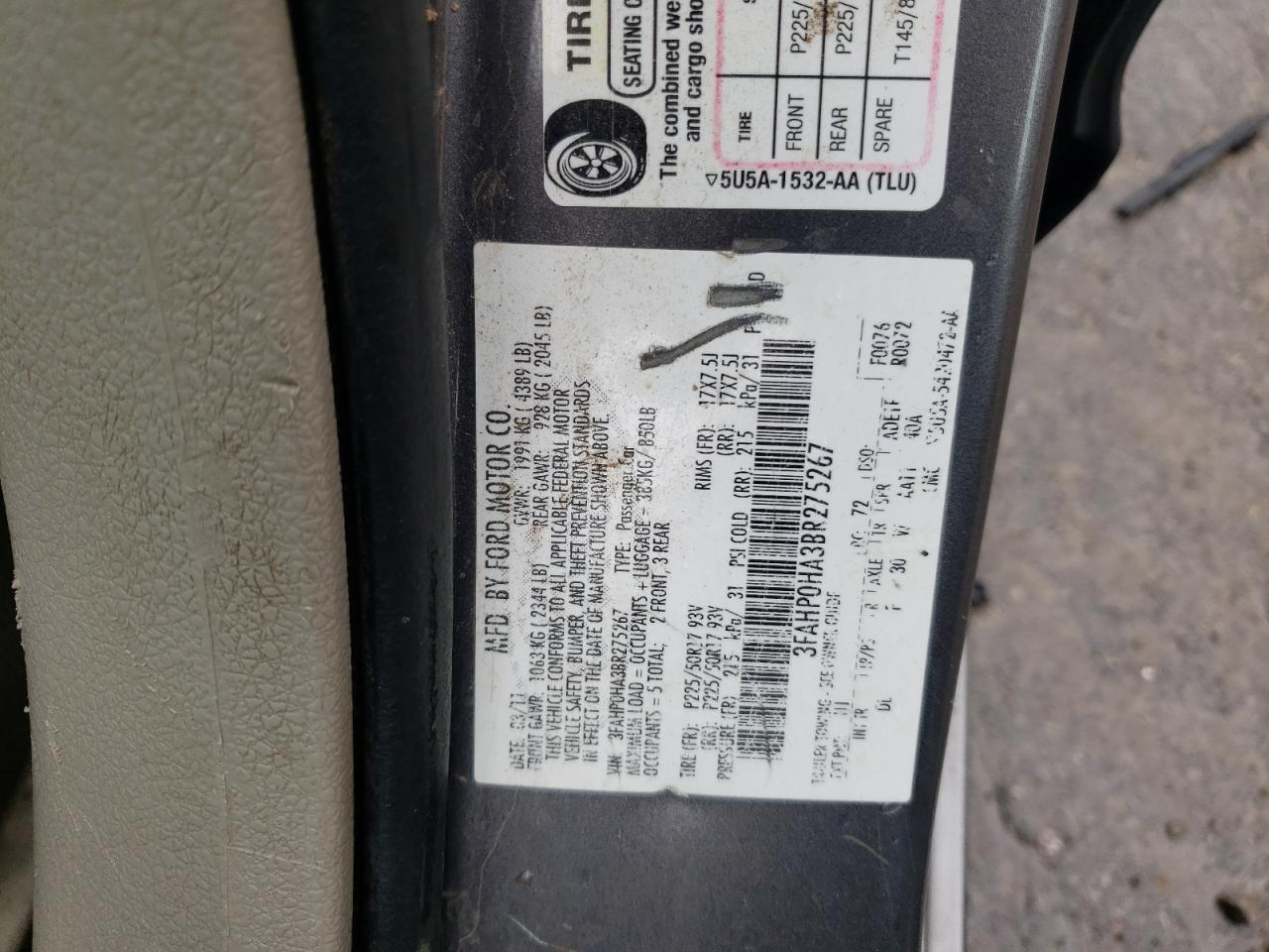 2011 Ford Fusion VIN 3FAHP0HA3BR275267 Copart auction photo, side damage thumbnail 14